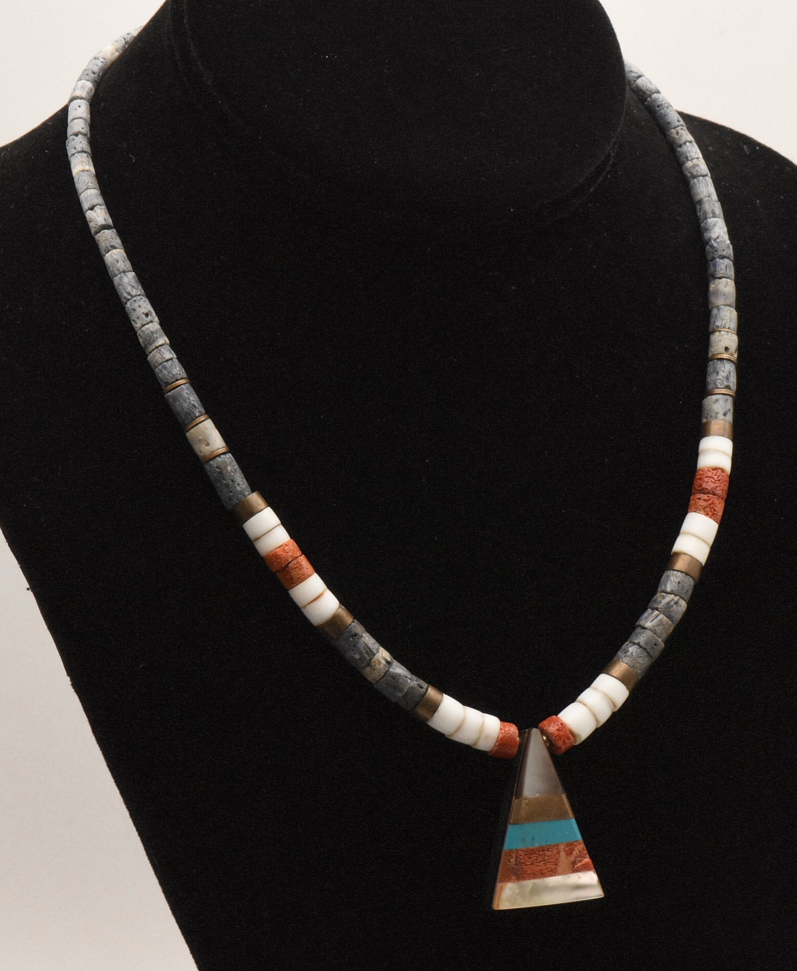 Vintage Handmade Beaded Necklace with Triangle Multi-Stone Inlaid Pendant - 17.5"