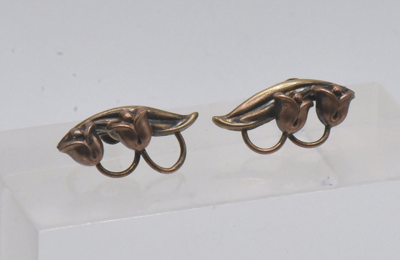 Vintage Two Tone Gold Filled and SIlver Floral Screw Back Earrings
