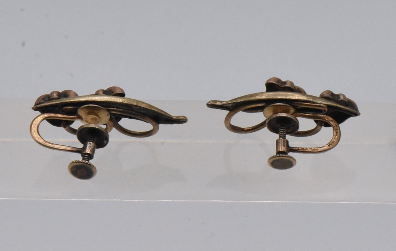 Vintage Two Tone Gold Filled and SIlver Floral Screw Back Earrings