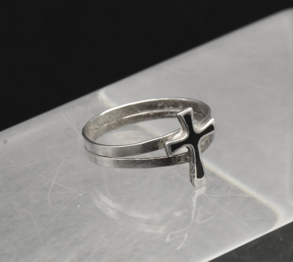 Vintage Sterling Silver and Black Enamel Cross Ring - Size 3.75