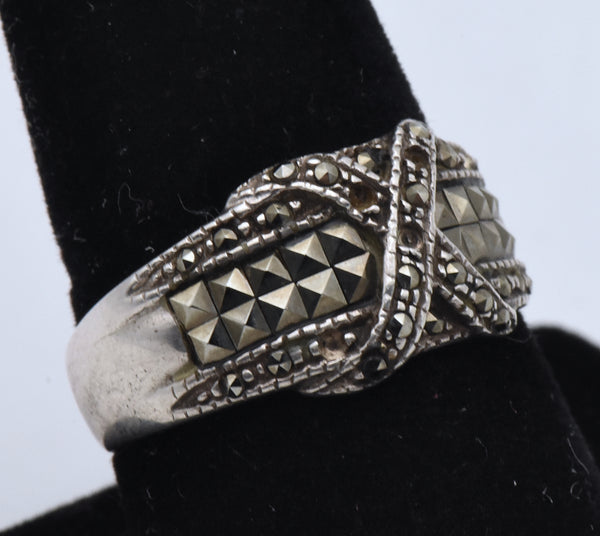 Vintage Art Deco Sterling Silver X Design Ring - Size 8.75 MISSING STONES