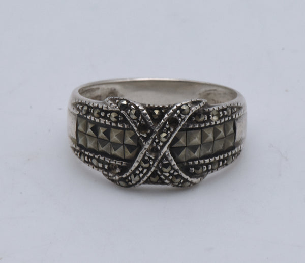 Vintage Art Deco Sterling Silver X Design Ring - Size 8.75 MISSING STONES