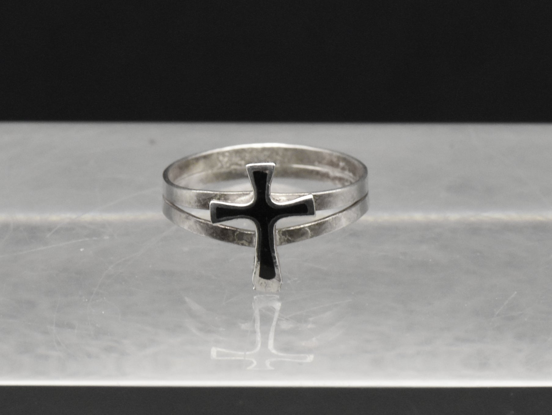 Vintage Sterling Silver and Black Enamel Cross Ring - Size 3.75