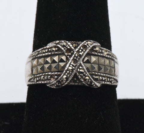 Vintage Art Deco Sterling Silver X Design Ring - Size 8.75 MISSING STONES