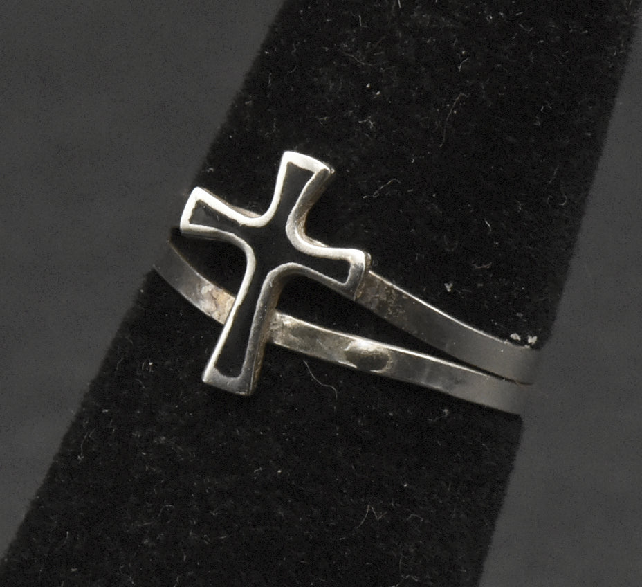 Vintage Sterling Silver and Black Enamel Cross Ring - Size 3.5