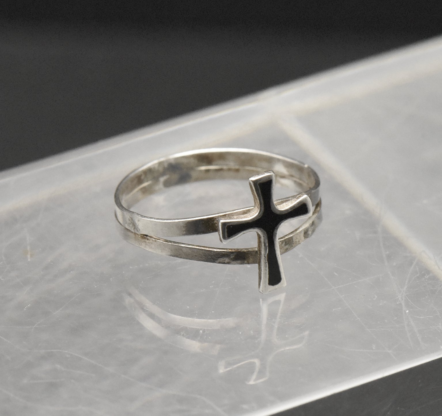 Vintage Sterling Silver and Black Enamel Cross Ring - Size 3.5