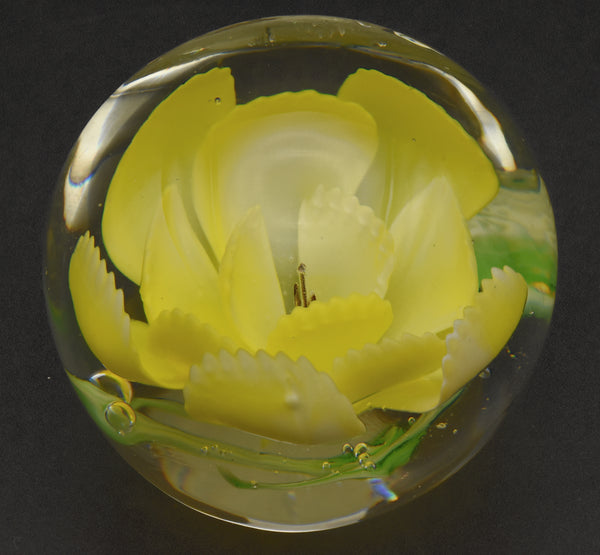 Vintage Yellow Flower Encased Glass Paperweight