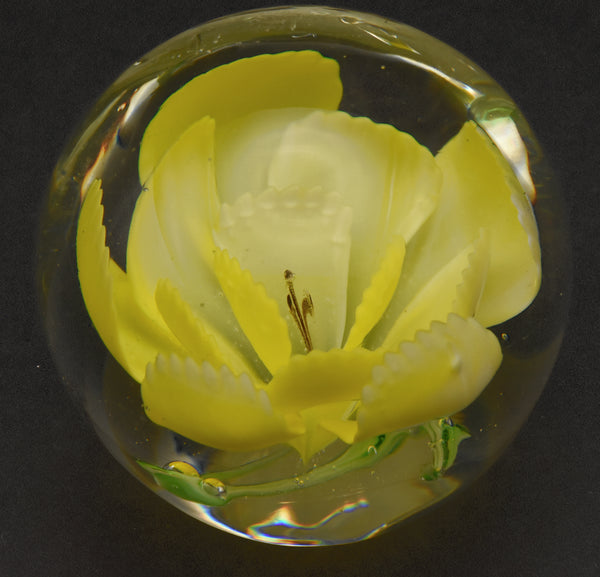 Vintage Yellow Flower Encased Glass Paperweight