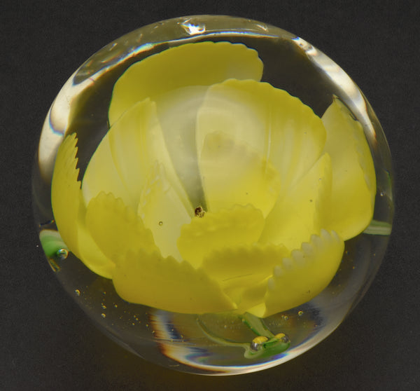 Vintage Yellow Flower Encased Glass Paperweight