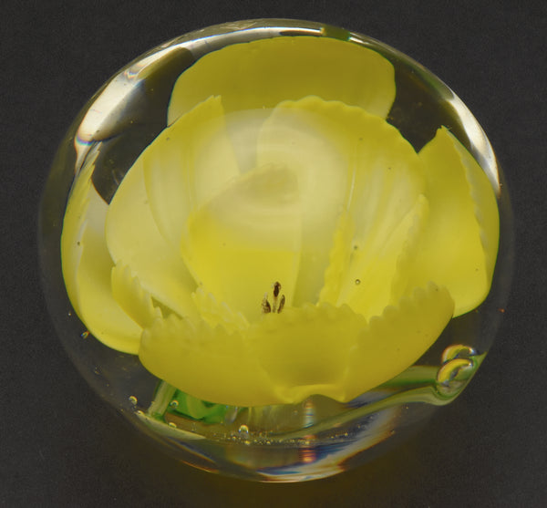 Vintage Yellow Flower Encased Glass Paperweight