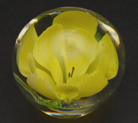 Vintage Yellow Flower Encased Glass Paperweight