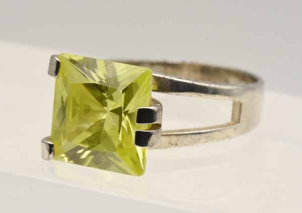 Vintage Sterling Silver Yellow Cubic Zirconia Modern Design Ring - Size 9.25