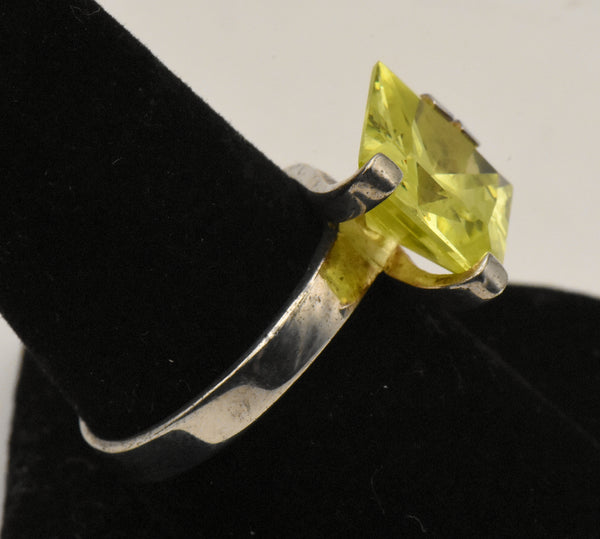 Vintage Sterling Silver Yellow Cubic Zirconia Modern Design Ring - Size 9.25